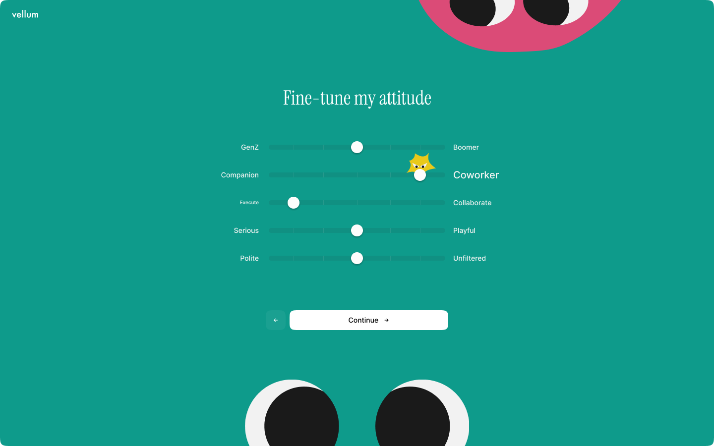 Onboarding screen with sliders for setting the assistant's personality